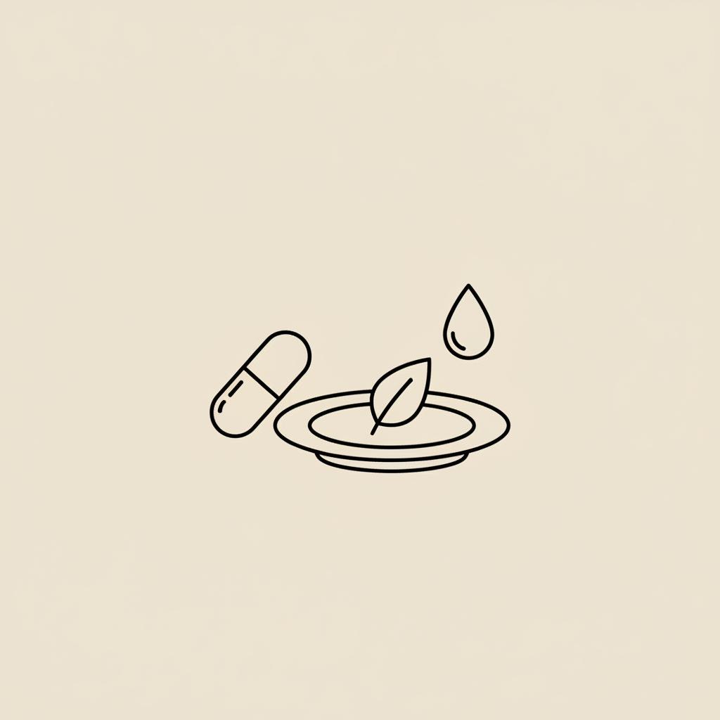 Minimalist Tonum-style line illustration of a capsule beside a plate with a single leaf and a water droplet on a beige background, symbolizing regulate blood sugar.