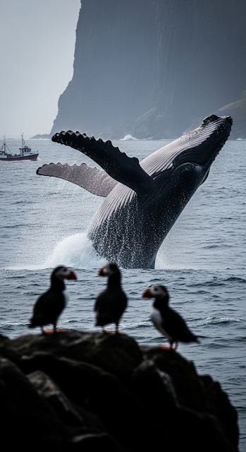 Dramatic Whale Breach with Puffin Silhouettes in the Foreground Against a Cloudy Sea Cliff - Free mobile Wallpaper