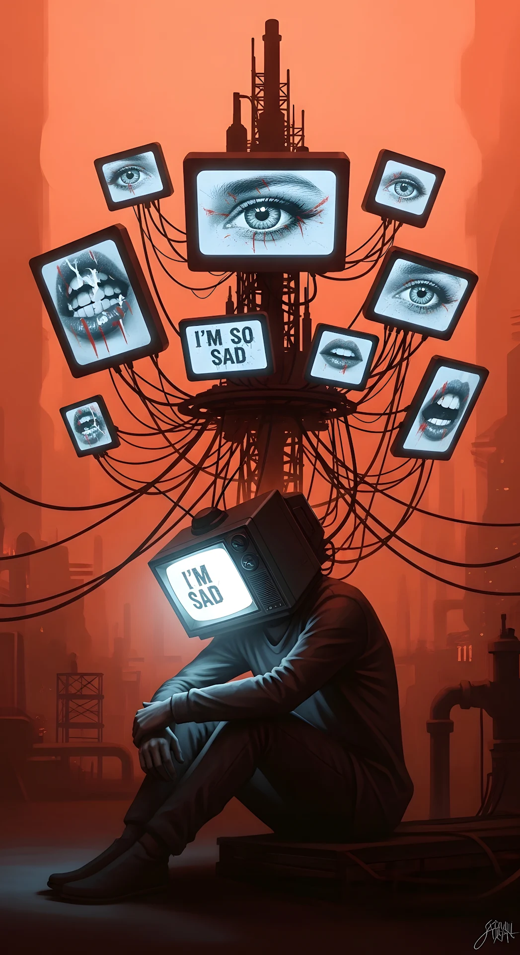 Surreal Dystopian Figure with TV Head Displaying Sadness - Free 4K mobile Wallpaper