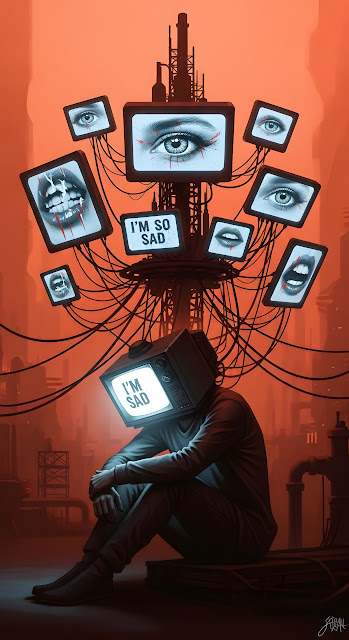 Surreal Dystopian Figure with TV Head Displaying Sadness - Free mobile Wallpaper