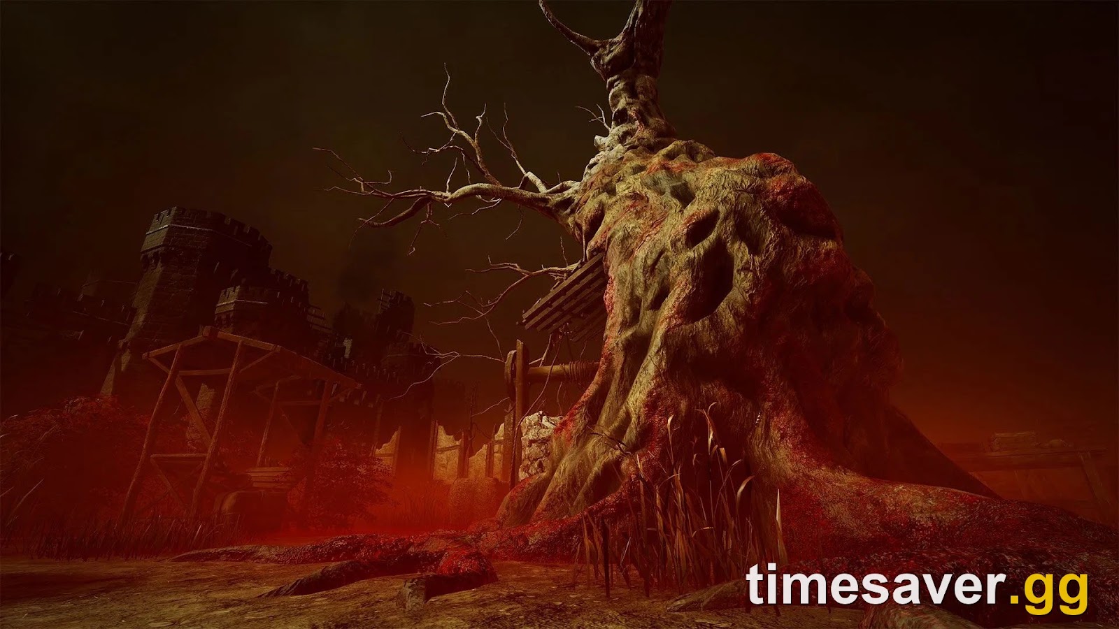 The blood-soaked central tree of The Shattered Square in The Decimated Borgo realm in Dead by Daylight