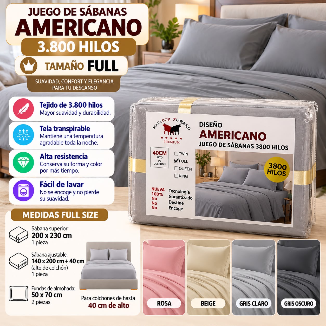 Juego de sábanas Diseño Americano 3800 hilos – 4 colores
