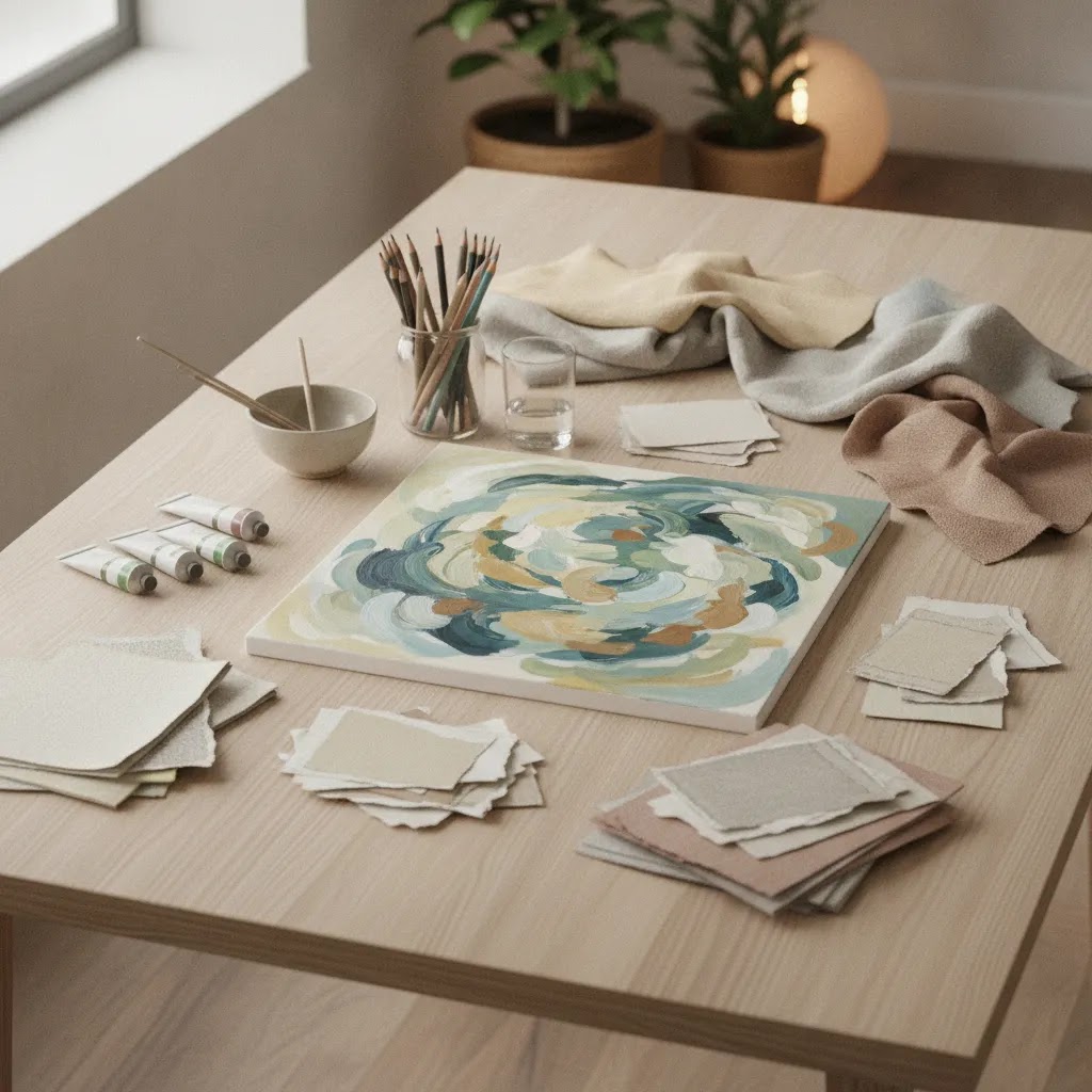 Expressive art therapy principles illustrated with abstract creative process and mixed materials