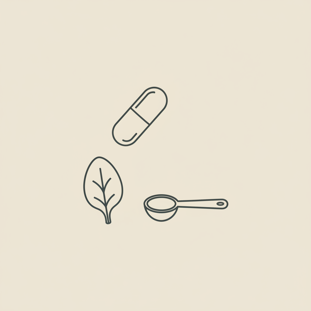 Minimal Tonum-style line illustration of a capsule, spinach leaf, and measuring spoon on beige background — is magnesium glycinate good for kids