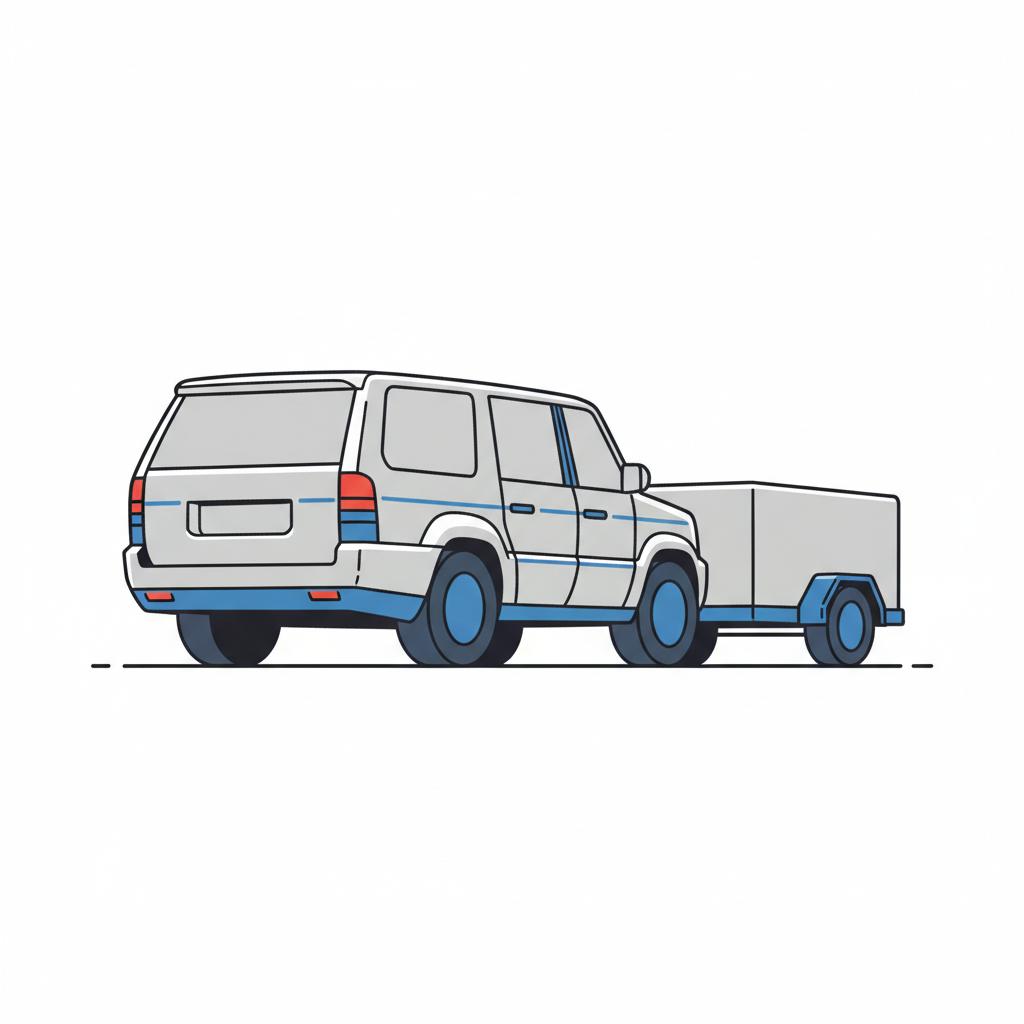 Minimal 2D vector rear three quarter SUV towing a small trailer on a rural road white background CarFax blue accents 3666ed generic SUV no logos volvo xc90 for sale