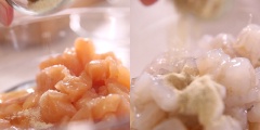 Cắt gà thành miếng nhỏ rồi ướp với hỗn hợp gia vị ướp gà trong 20 phút. Tôm rửa sạch, bóc vỏ, bỏ phần đầu và đuôi rồi cắt hạt lựu, ướp với hỗn hợp gia vị ướp tôm trong 20 phút. Bắc chảo lên bếp cùng chút dầu ăn ở lửa vừa, dầu nóng đều thì cho gà vào xào cho đến khi chuyển màu vàng nâu thì thêm tôm vào, xào cho đến khi tôm chín thì tắt bếp.
