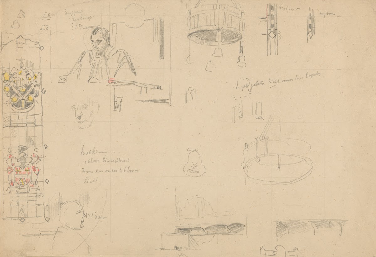 Studies van glas in lood en interieur voor het schilderij van de Nederlandse rec
