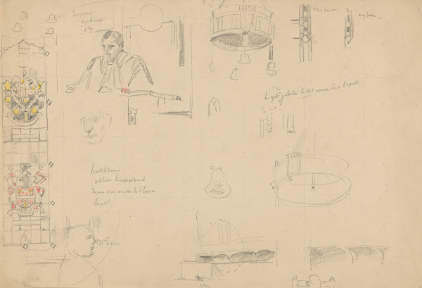 Studies van glas in lood en interieur voor het schilderij van de Nederlandse rec