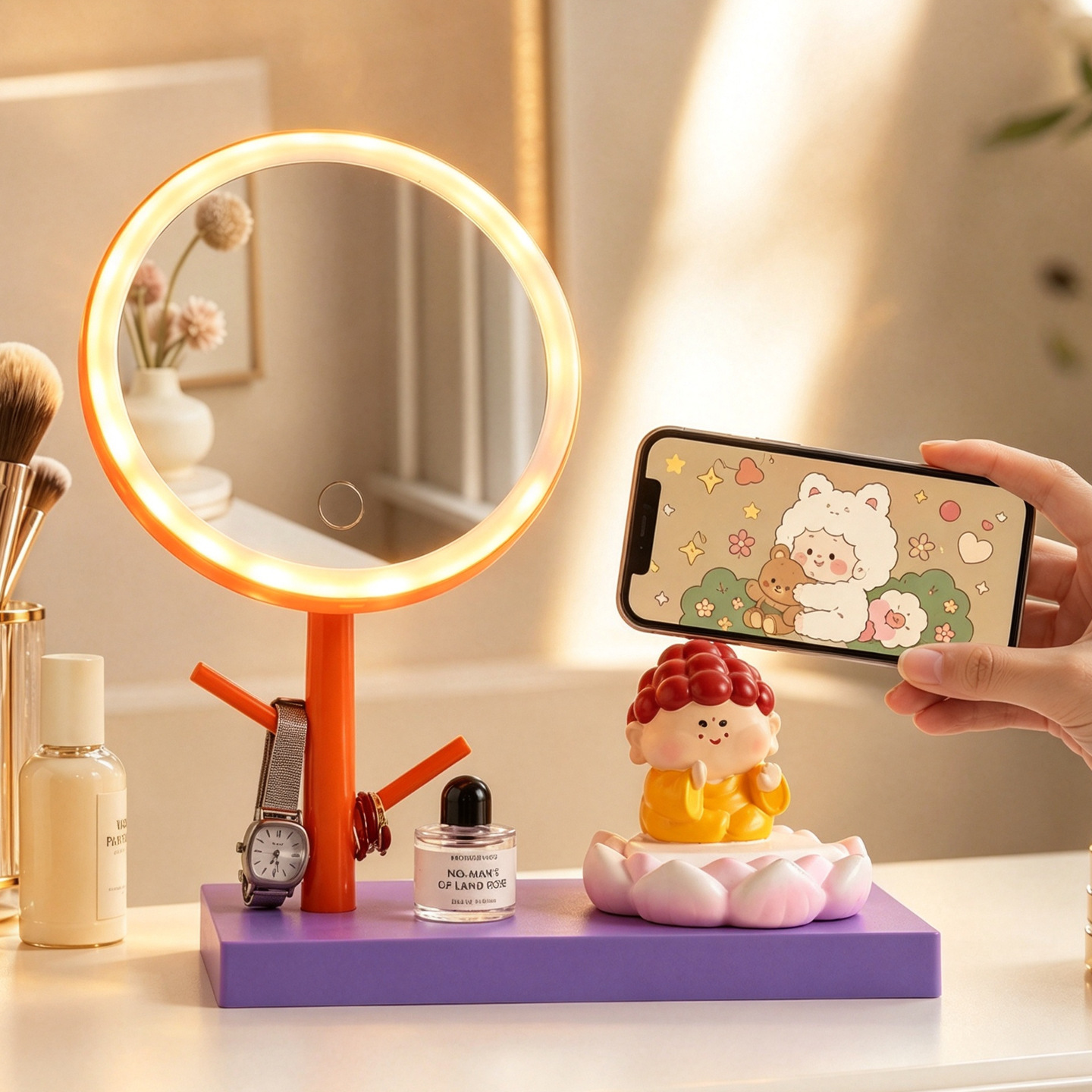 Cartoon Phone Stand with Makeup Mirror