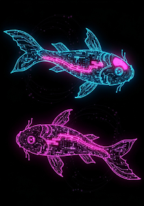 Neon Circuit Board Koi Fish Abstract Cyber Art