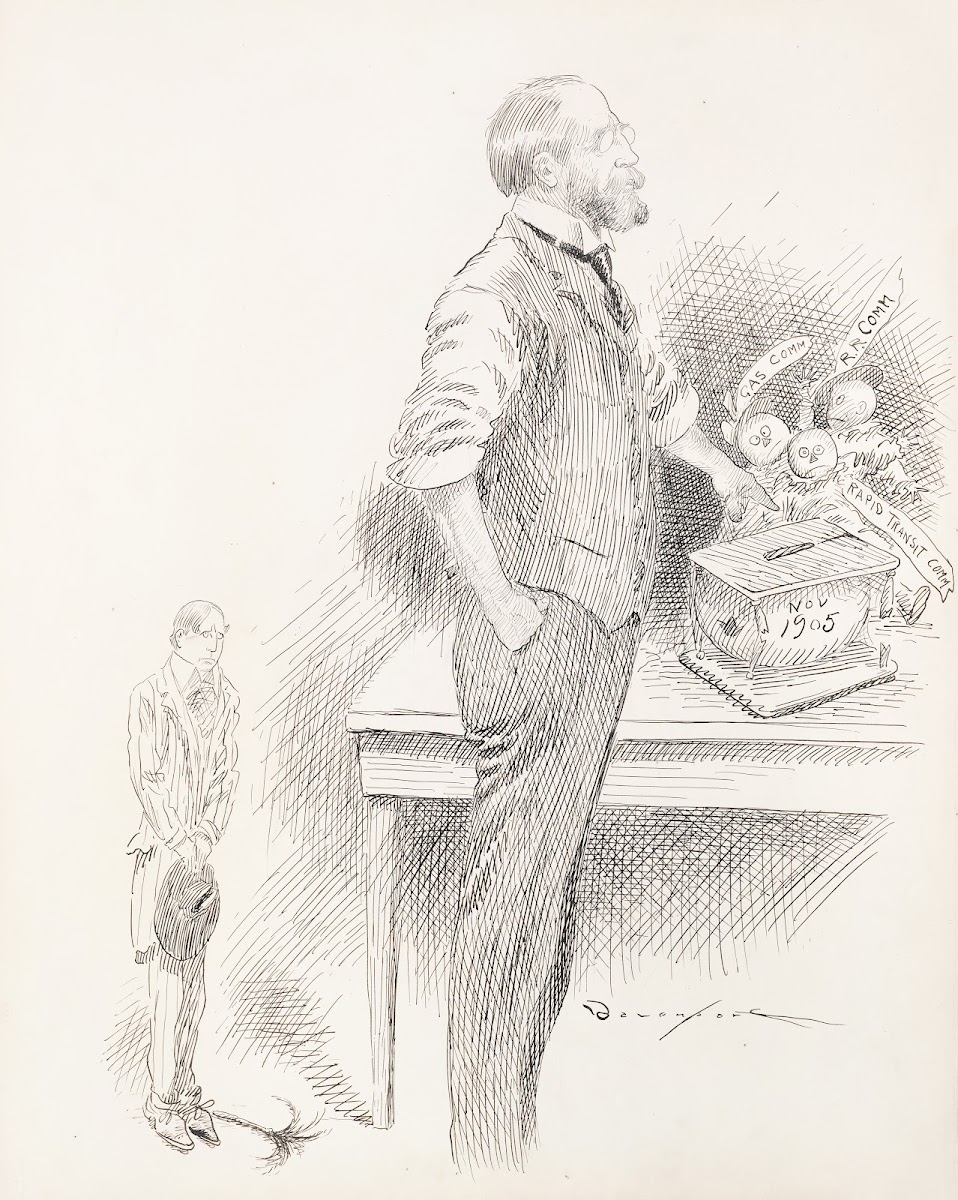 An older man with glasses and sleeves rolled up stands at a table