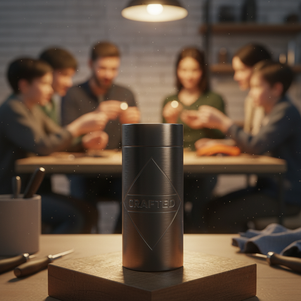 Nahaufnahme eines gravierten Edelstahlanhängers auf gewachstem Holz vor warm beleuchteter Werkbank mit unscharfer Familie im Hintergrund – geschenkideen für mama