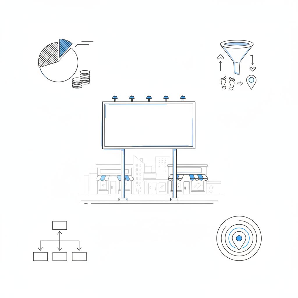 Minimalist vector notebook-style sketch of an empty billboard above storefronts with diagrams for budget split, funnel to foot traffic and cost breakdown &mdash; billboard advertising cost.