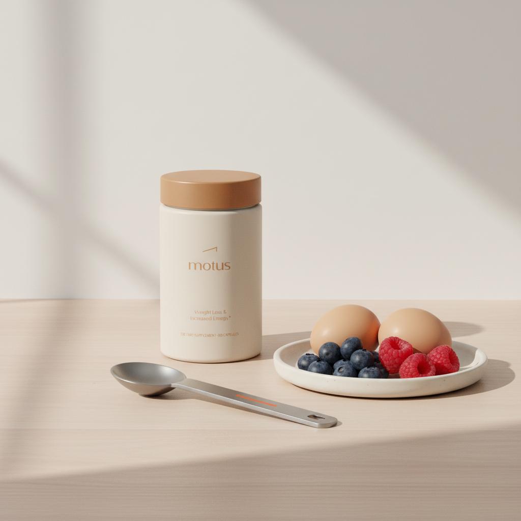 Tonum Motus container on a light kitchen counter beside a measuring spoon and a plate with eggs and berries, styled to highlight weight loss supplements in a minimalist clinical-lifestyle scene.