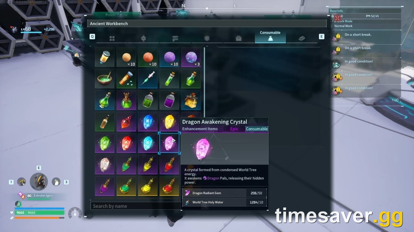 The Ancient Workbench crafting a Dragon Awakening Crystal in Palworld 1.0, showing the recipe cost of 50 Dragon Radiant Gems and 10 World Tree Holy Water