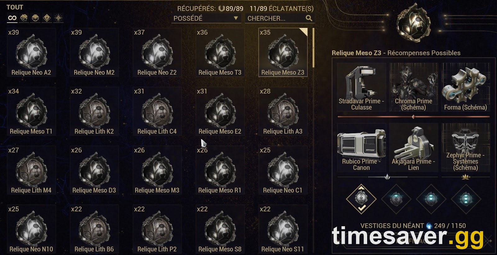 The Void Relic refinement screen in Warframe, the farming loop that produces the Prime parts you sell for Ducats
