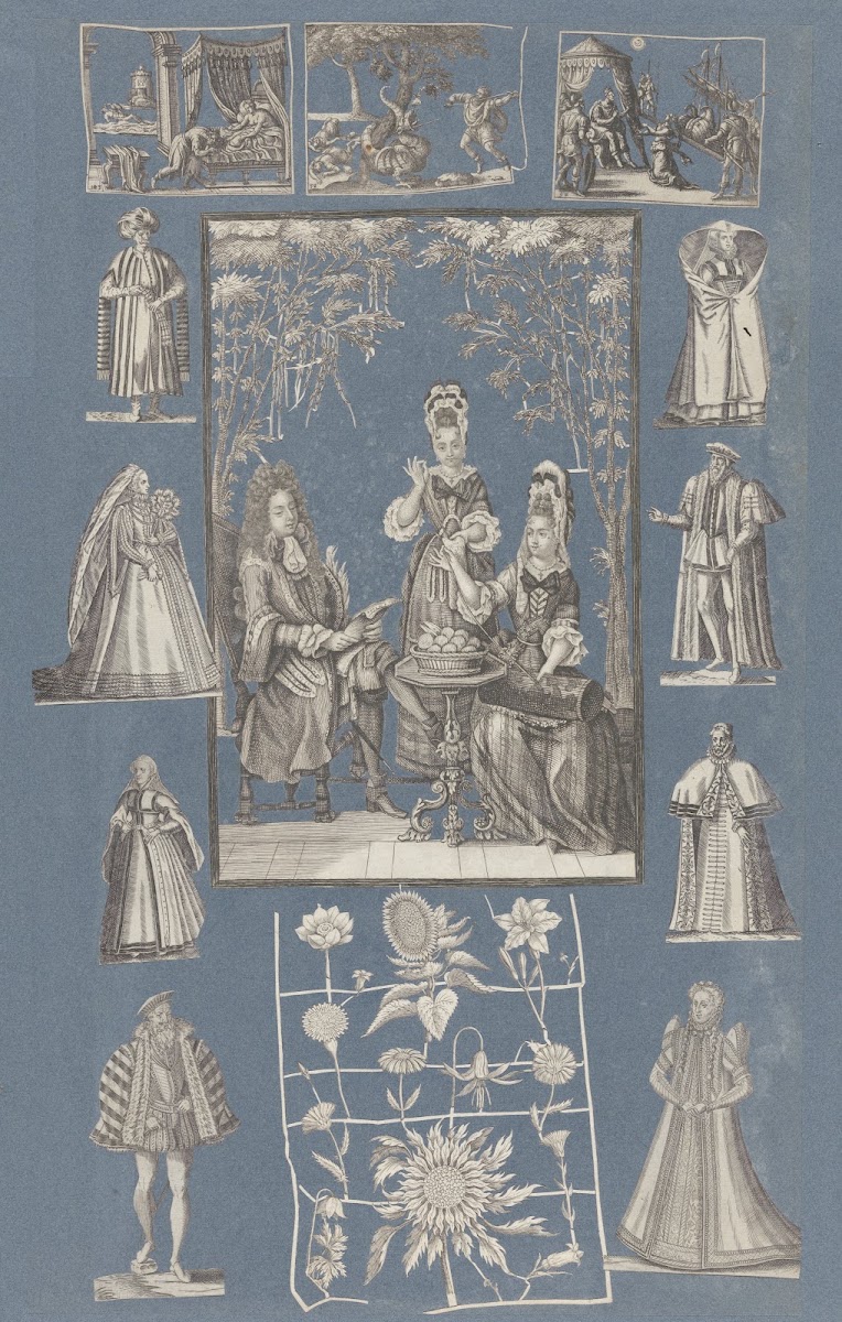 Collage of cut out prints pasted on blue paper Pl 15 1585