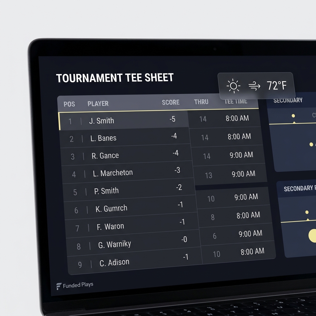Close up laptop screen showing a clean tournament tee sheet and compact weather forecast overlay for data driven prep highlighting Trading First-Round Leader Markets