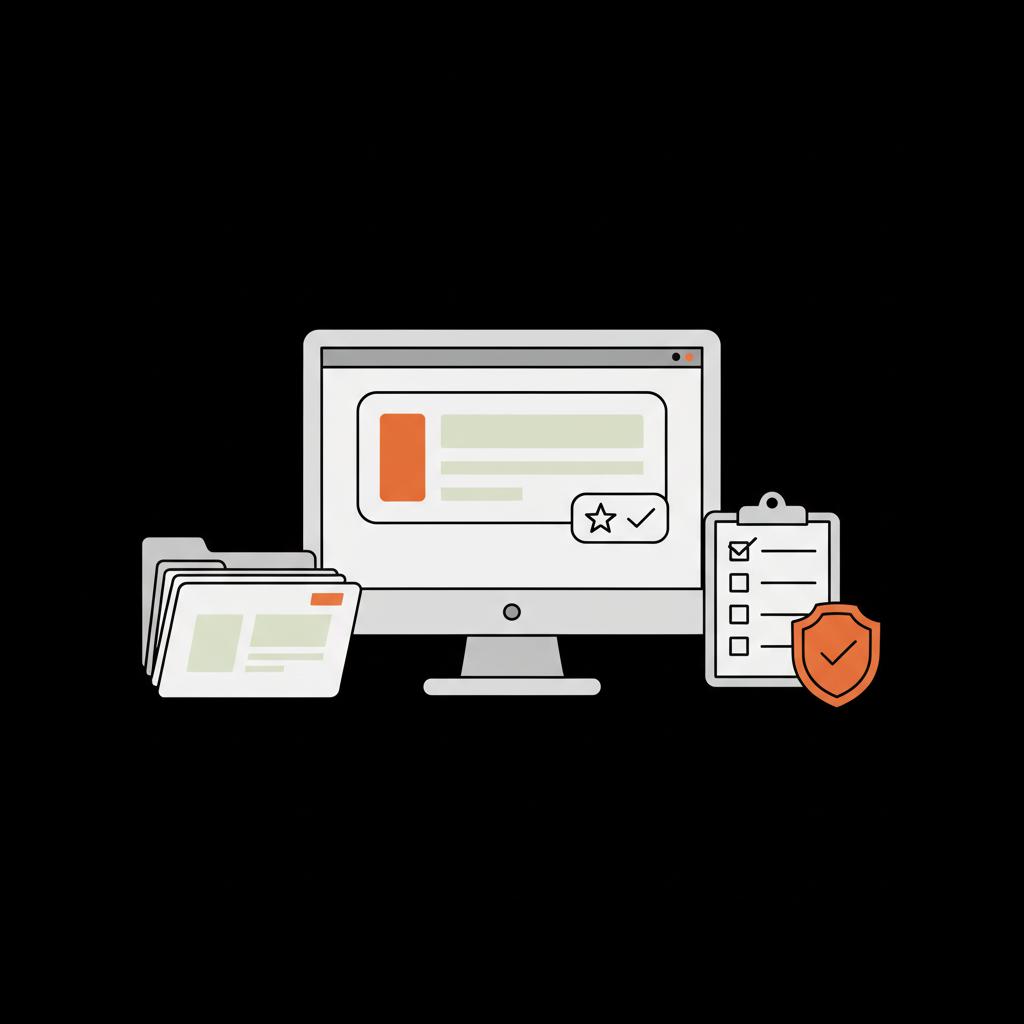 Minimal 2D vector of a monitor with a highlighted review card and stacked evidence folders on black background in Social Success Hub colors — remove Google Business Profile review