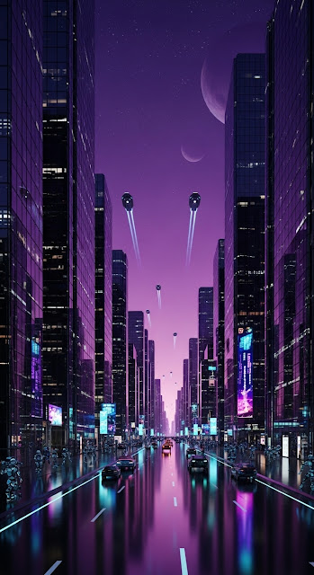Futuristic Neon City with Flying Cars and Planets - Free mobile Wallpaper
