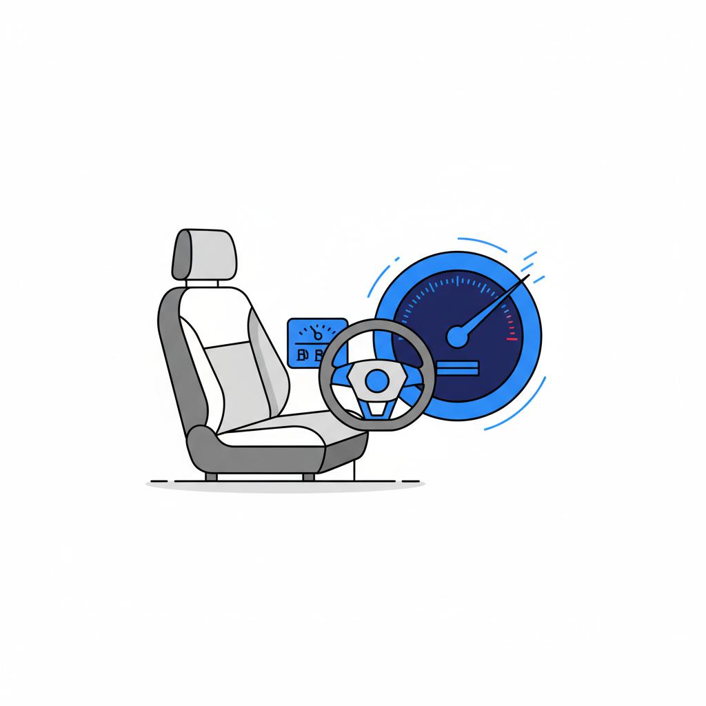 Minimalist 2D vector car interior showing drivers seat and instrument cluster with speedometer needle in motion implying confident acceleration bmw 540i for sale