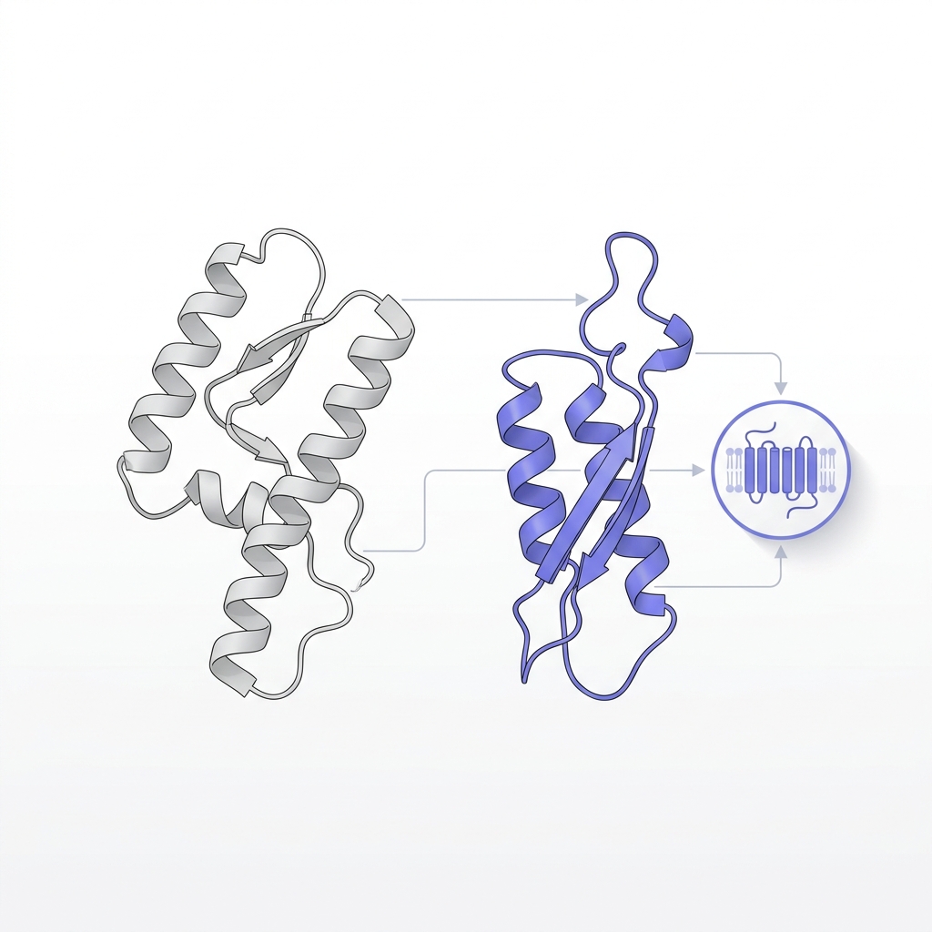 Minimalist scientific illustration of two peptide chains and a GLP 1 receptor icon on white background showing molecular differences bpc 157 peptide