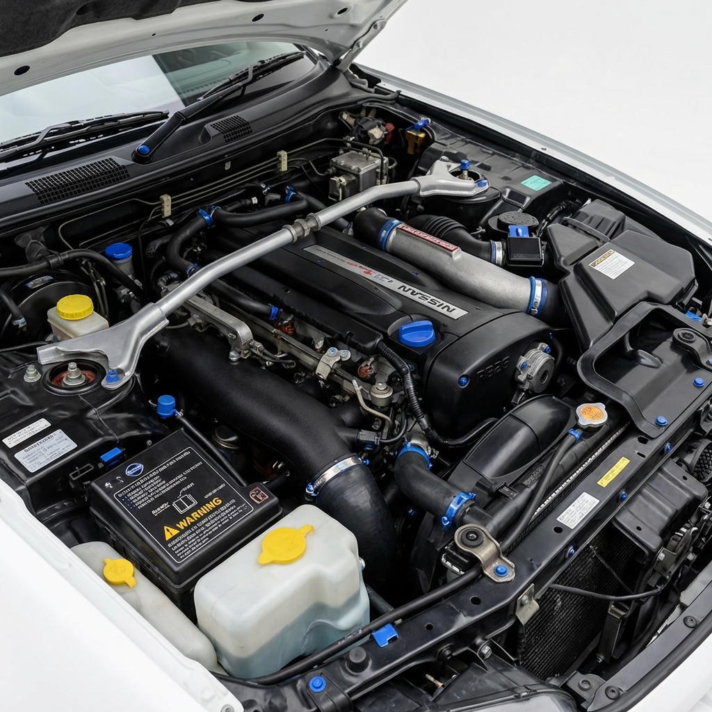 Close up full frame photo of Nissan Skyline R34 RB26 engine bay showing factory labels and stock components highlighted on white background nissan skyline r34 for sale