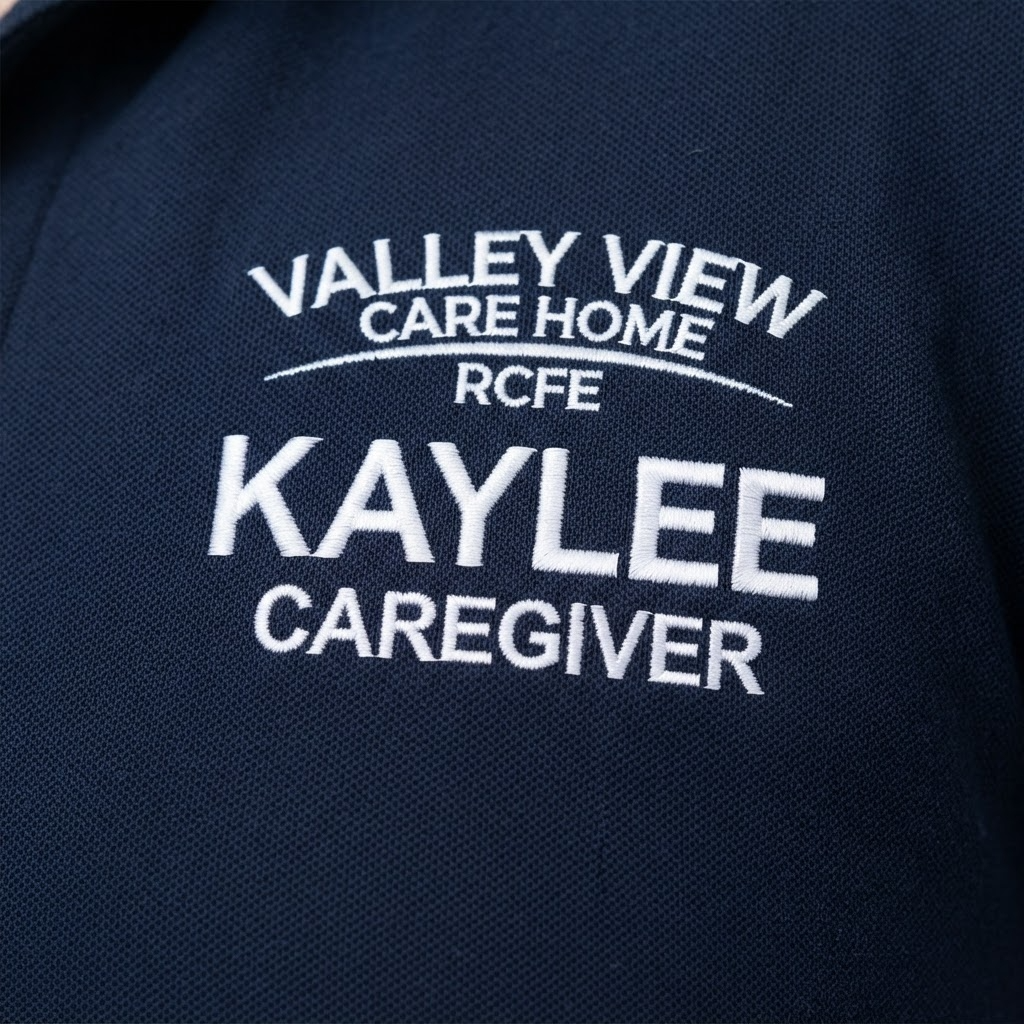 RCFE care home staff team wearing custom embroidered polo shirts with facility logo and individual staff name IDs