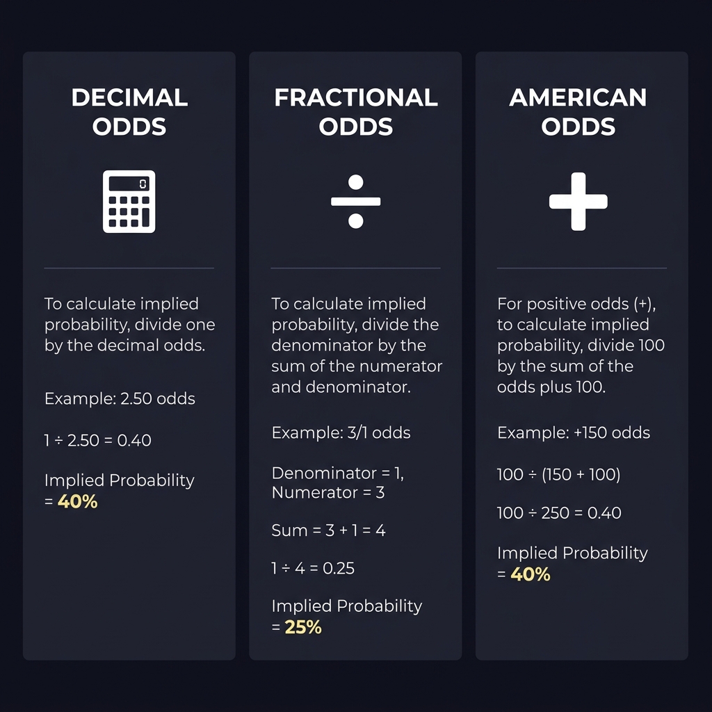 What Is the Vigorish and How Does It Affect Value step by step infographic converting decimal fractional and American odds to implied probability with simple examples 2.50 3 to 1 and plus 150 on a dark Funded Plays style background