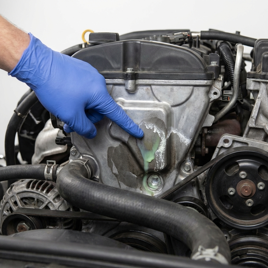 Close-up of a Ford 3.5L V6 timing cover with coolant residue where an internal water pump leak appears