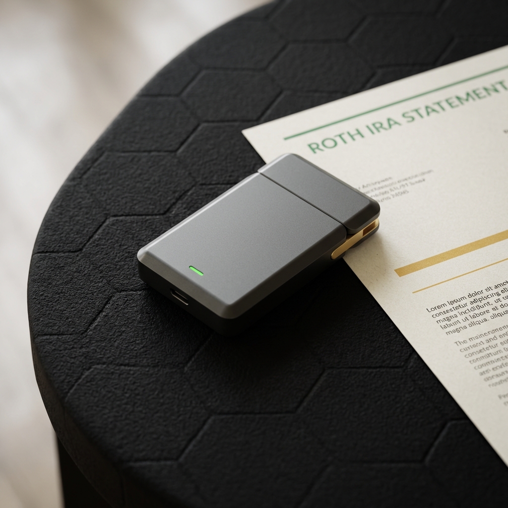 Close up of a hardware crypto wallet beside a Roth IRA statement on dark background with green and gold Finance Police accents minimal layout roth ira crypto