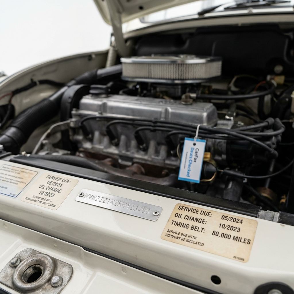 volkswagen beetle for sale close up of engine bay showing neat documented service stickers and a clearly visible VIN plate on a clean white background