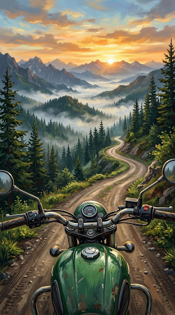 Point of View Illustration of a Motorcycle on a Winding Mountain Road at Dawn - Free mobile Wallpaper