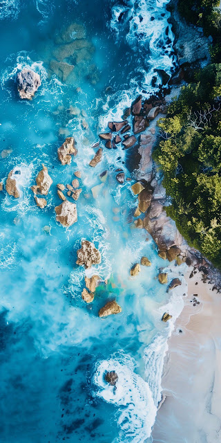 Tropical Coastline Aerial View Turquoise Ocean Rocks - Free mobile Wallpaper