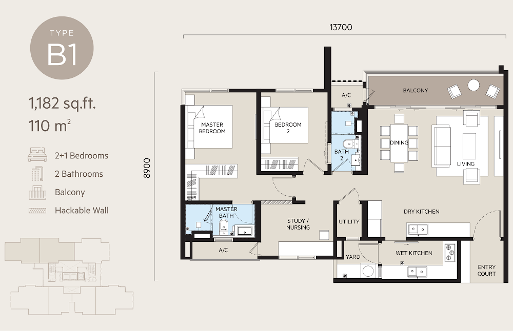 OAKA Residences Type B1 floor plan — 1062 sq ft, 3 bedrooms