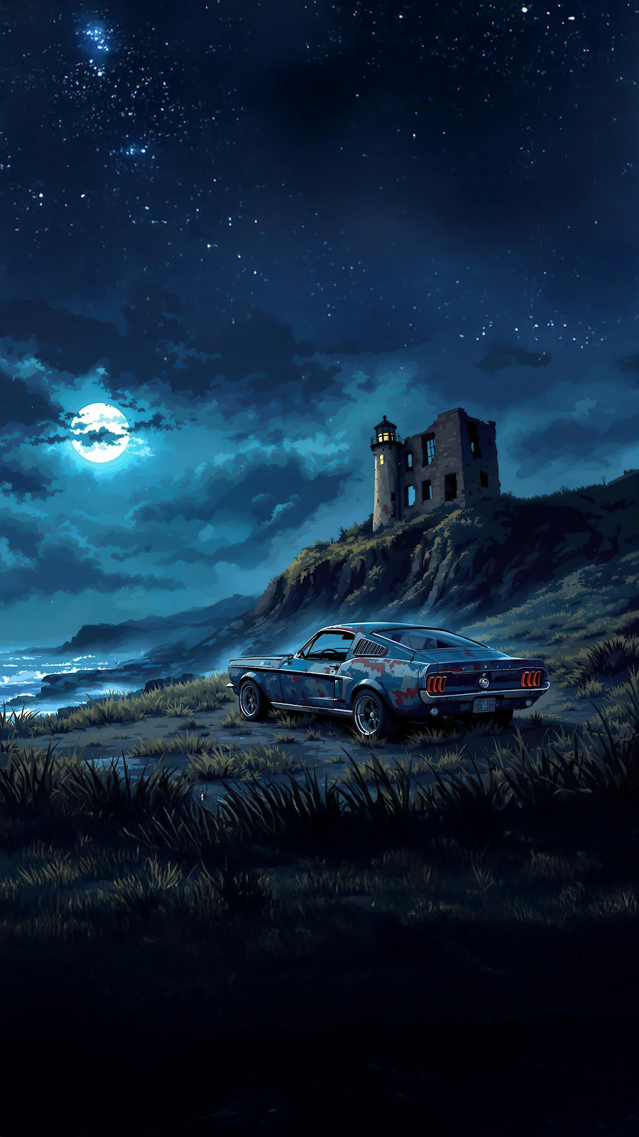 Ford Mustang Under The Moonlight - Digital Illustration 4K iPhone Wallpaper (2160x3840)