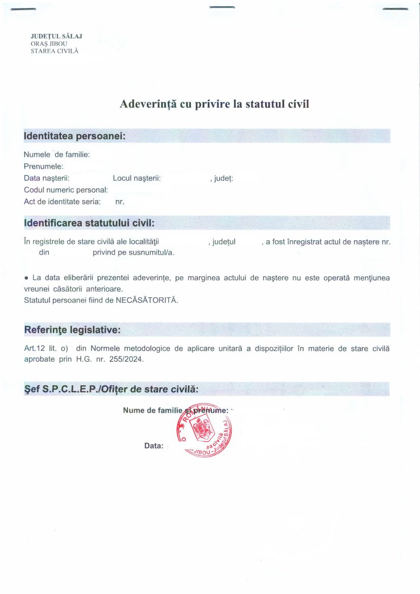 Model certificat de celibat – adeverință cu privire la statutul civil pentru persoană necăsătorită