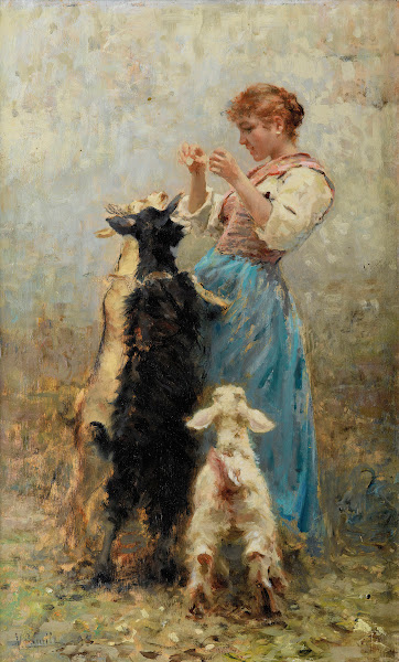 Young woman feeding goats 1893