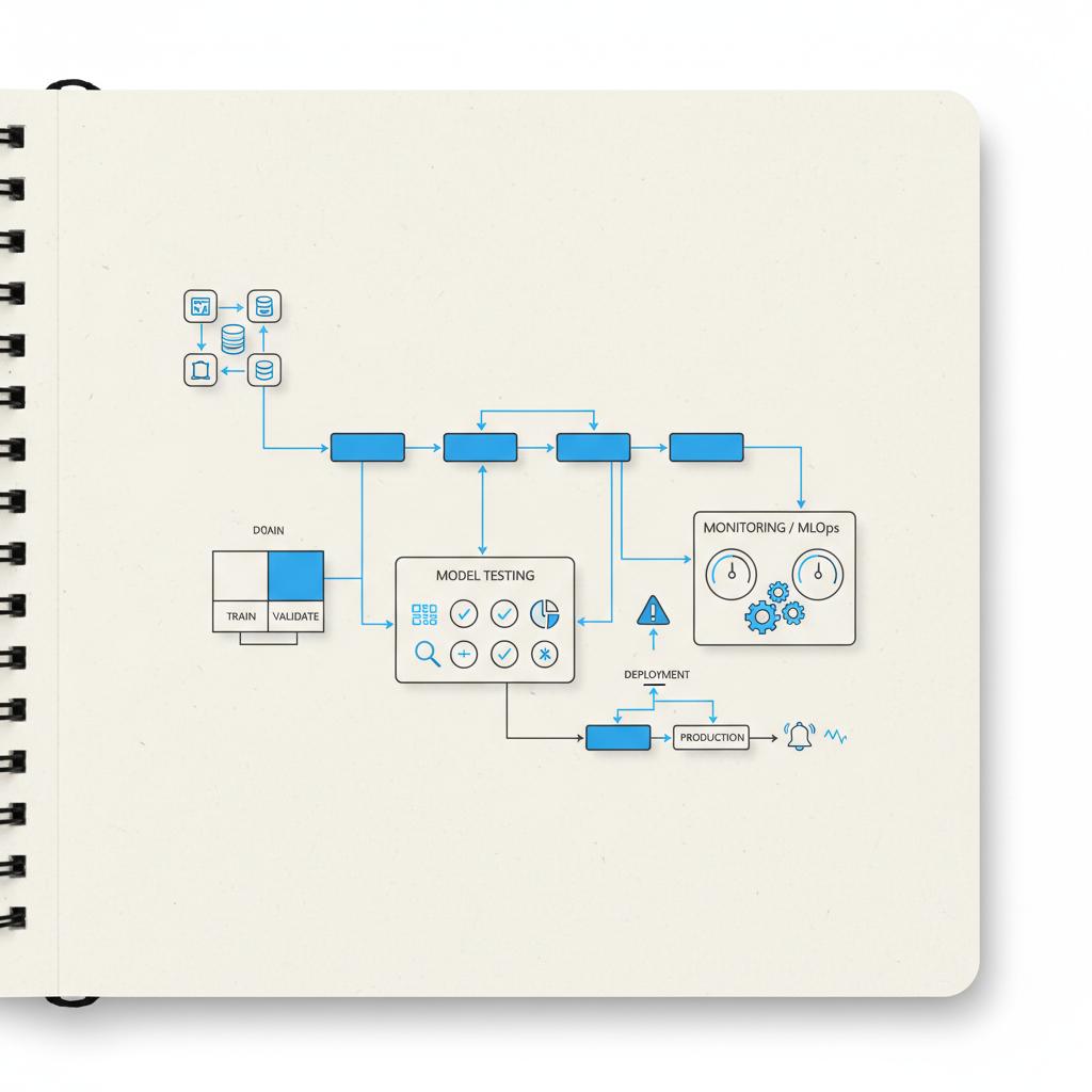 Flat-lay designer notebook with vector diagrams showing data sources feeding a pipeline to model testing and monitoring/MLOps on a white background &mdash; AI consultant rates per hour