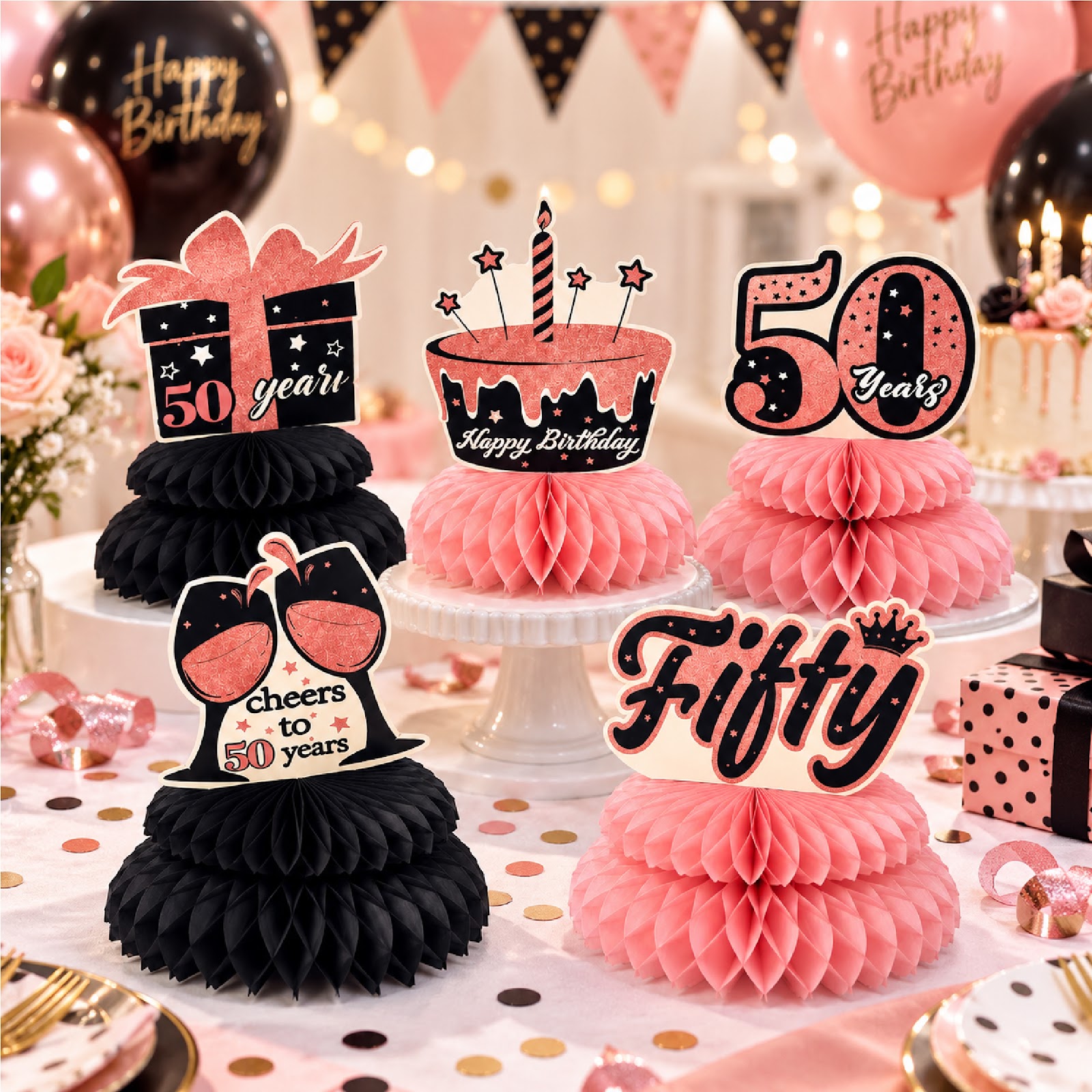 5-Piece 50th Birthday Decorations for Women, Black and Rose Gold Honeycomb Centerpieces for Tables, 50 Years Old Birthday Table Decorations Party Supplies, Birthday Complete Decorations Kit for Her, 6 Pack view 2
