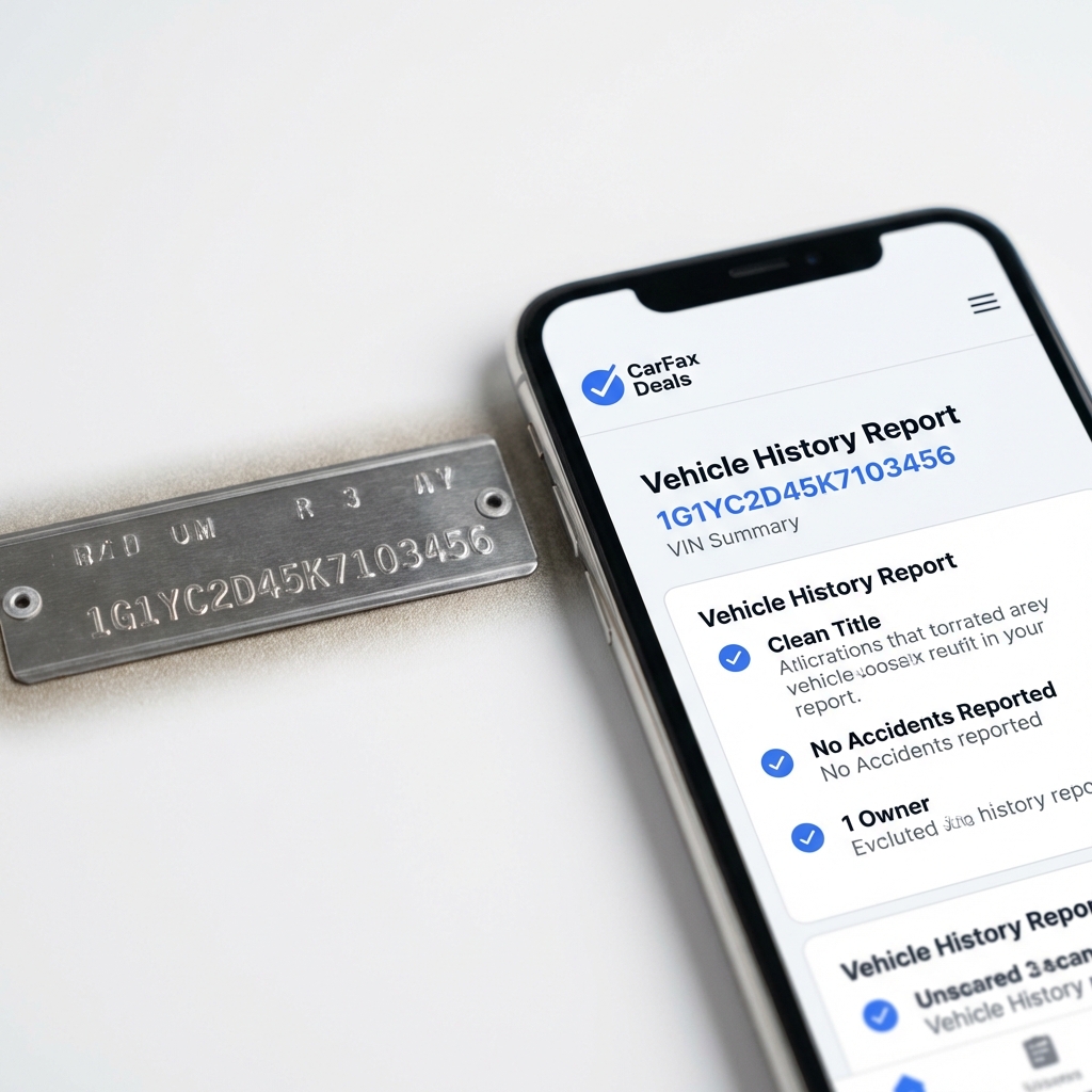 Close up of a vehicle VIN plate beside a smartphone showing a CarFax Deals vehicle history report on a clean white background minimalist layout tesla 3 for sale