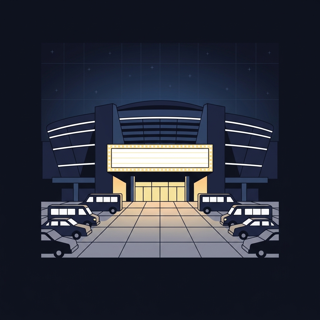 Minimalist 2D vector night exterior of Intuit Dome with illuminated blank marquee and stylized parked shuttles suggesting fans arriving in Funded Plays palette clippers prediction