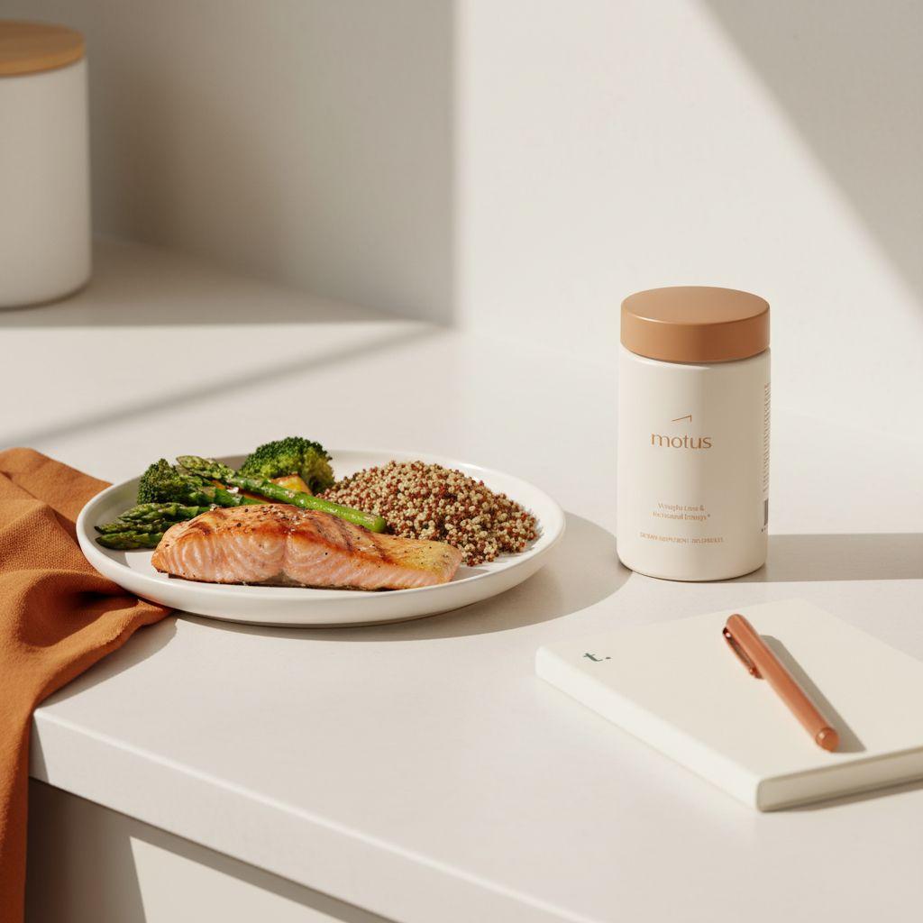 Is it better to take Lactobacillus in the morning or at night? Minimalist kitchen counter scene with Tonum supplement jar (side view) beside a balanced lunch plate, notebook and pen on a #F2E5D5 background.
