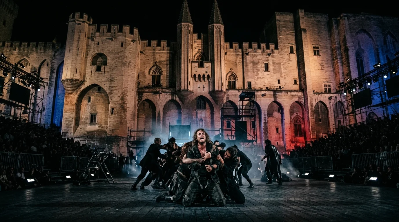 Spectacle Maldoror mis en scène par Julien Gosselin dans la Cour d'honneur du Palais des papes au Festival d'Avignon 2026