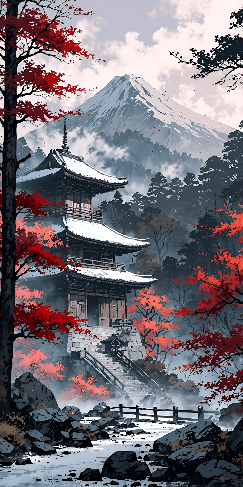 Japanese Pagoda in Snowy Autumn Landscape with Mount Fuji Art - Free 4K mobile Wallpaper