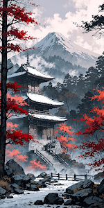 Japanese Pagoda in Snowy Autumn Landscape with Mount Fuji Art