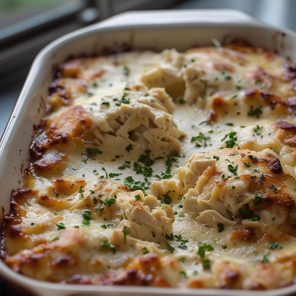 High-Protein Chicken Alfredo Bake for Easy Low-Carb Meal Prep with Creamy Cheese