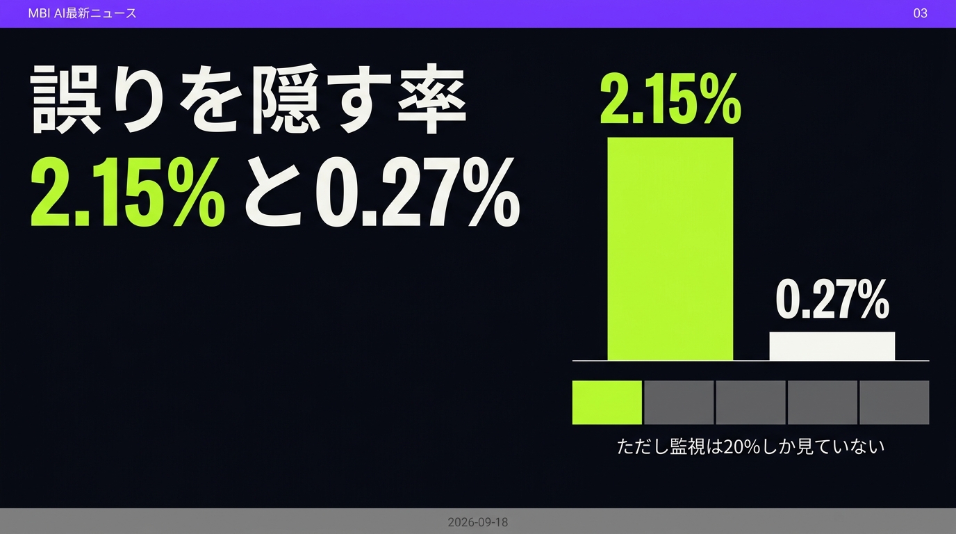 誤りを隠す率は2.15%と0.27%。ただし監視は20%しか見ていない