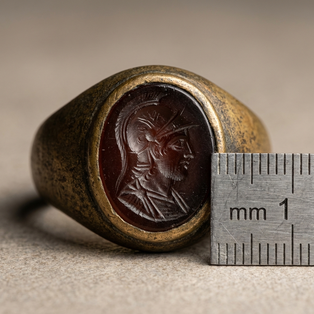 Macro photorealistic view of a roman intaglio ring recess showing carved lines and tool marks with a millimeter scale on a neutral ede7da background