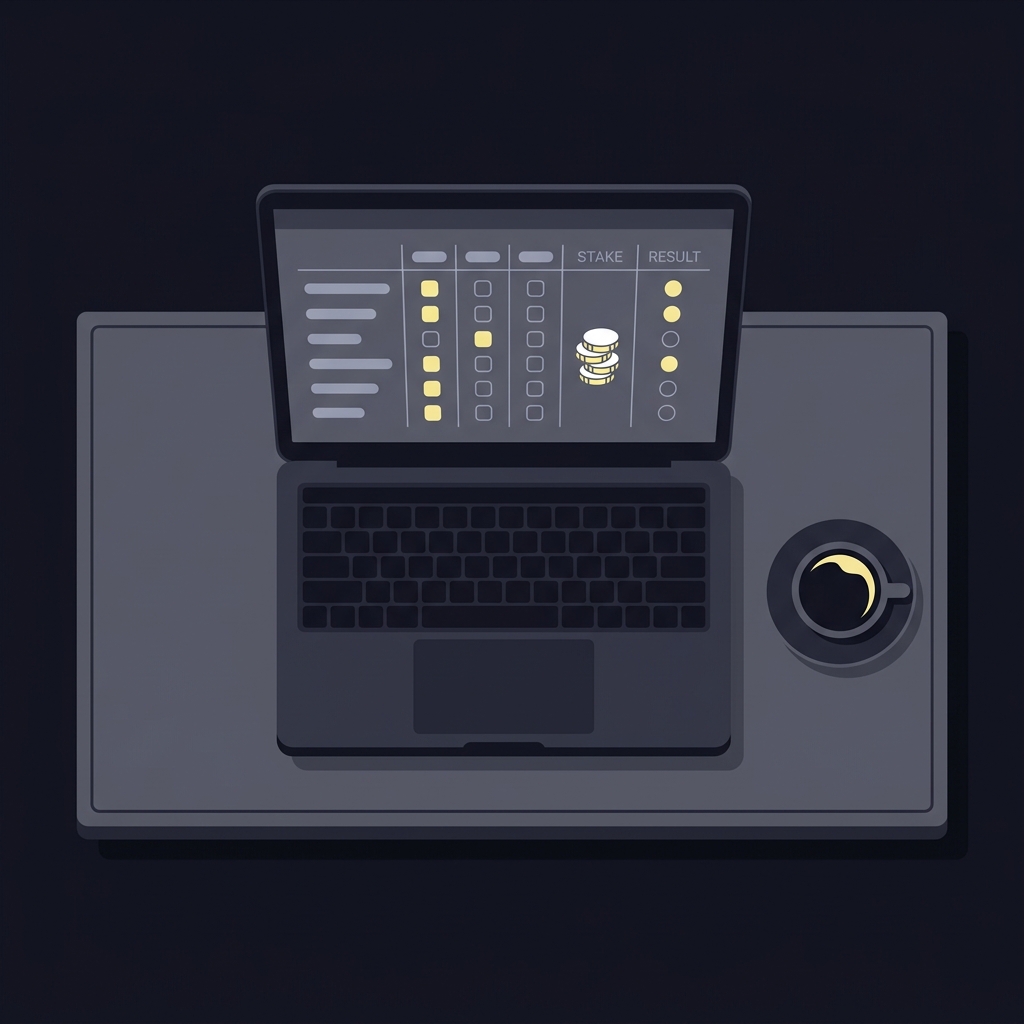 Minimalist 2D vector laptop displaying a spreadsheet of logged race trials with three check columns stake and result and a coffee cup beside it greyhound racing bets